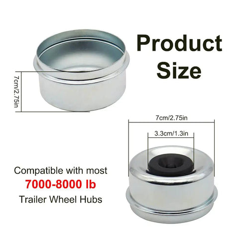 2.75 Inch Trailer Hub Bearing Dust Caps Kit With 4 Pack Rubber Plugs showing product dimensions and compatibility for 7000-8000 lb hubs