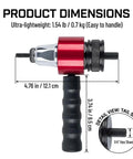 Electric Rivet Gun Adapter Kit dimensions shown with hex shank, suitable for drills and impact drivers for M3 to M8 blind inserts.