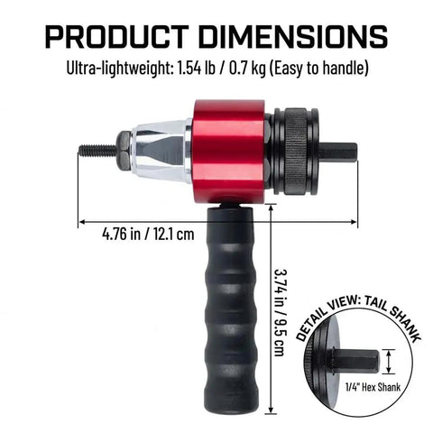 Electric Rivet Gun Adapter Kit dimensions shown with hex shank, suitable for drills and impact drivers for M3 to M8 blind inserts.