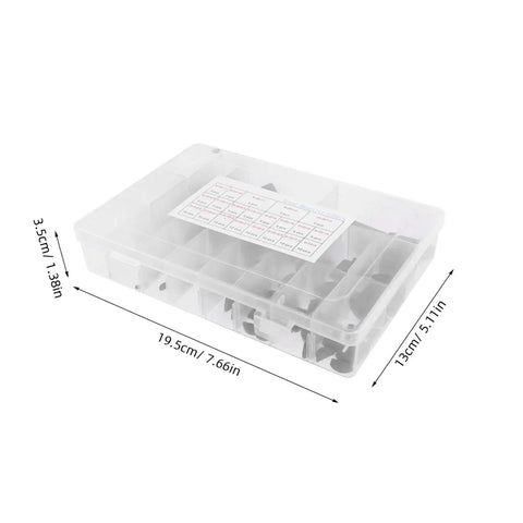 Woodruff Key Set Carbon Steel Assortment For Machinery And Automotive Use. Clear storage box with dimensions labeled.
