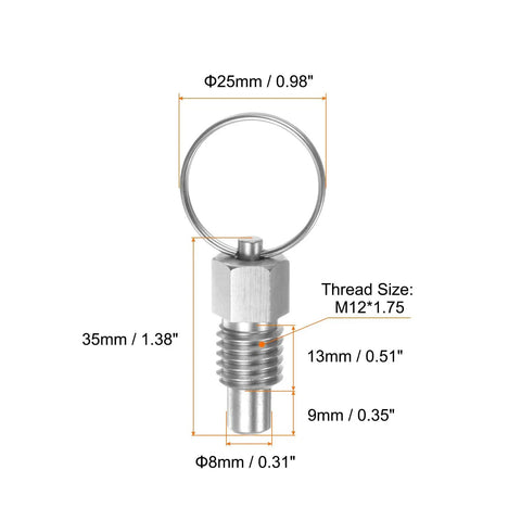 Top Notch 3 Pack Spring Plunger Pins M12 X 1.75 Thread Flat Head Stainless Steel Hardware Rust Resistant Fasteners close-up view showing dimensions.