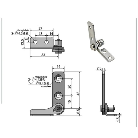 304 stainless steel adjustable torque-damping hinge, right-hand, 0.4 N.m, 1 pc