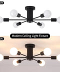 Dope Black Modern Sputnik Ceiling Light Fixture 6 Light Chandelier, Semi Flush Mount, shown off and on