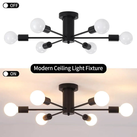 Dope Black Modern Sputnik Ceiling Light Fixture 6 Light Chandelier, Semi Flush Mount, shown off and on