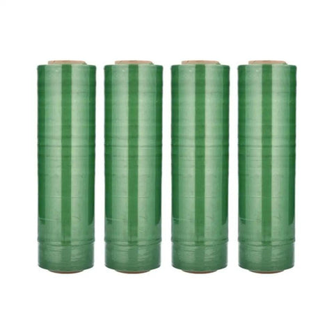 Heavy Duty Green Tint Pre Stretched Stretch Wrap Film 15 By 1476 Feet 30 Gauge 4 Roll Pack displayed in vertical arrangement.