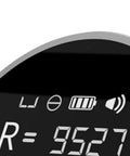 Close-up of Built Tough Digital Tape Measure displaying LCD panel with battery and sound indicators.