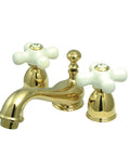 Restoration Mini Widespread Lavatory Faucet With Porcelain Cross Handles In Polished Brass Finish Ceramic Disc Cartridge Includes Pop Up Drain Deck Mount With Two Handles Three Hole Configuration 2.25 Inch Spout Height 1.2 GPM