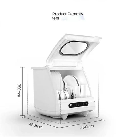Compact Kitchen Workhorse Smart Countertop Dishwasher Automatic Tabletop Cleaner with open lid, showing dishes inside.