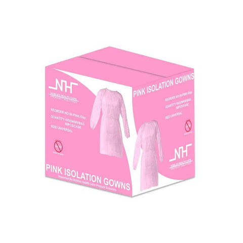 Box of Universal Size Pink Disposable Isolation Gown Latex Free With Fluid Resistance And Knitted Cuffs Medical PPE Shield Case of 50