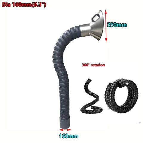 Tough As Nails Articulated Fume Extractor Hose With Heavy Duty Stainless Steel Hood And Full Swivel Flex Duct Tube For Hot Welding Smoke Dust Collection Quick Rig Two Meter Long Six Inch Wide Shop Ready showing a 160mm diameter bendable duct.