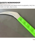 Close-up of a serrated stainless steel blade with green handle, part of Handheld Weeding Tool With Serrated Edge For Grass Vines And Branches Durable Stainless Steel Manual Weeder For Gardening And Farming Tools Easy Grip Portable Design Makes Weeding Fast And Clear Beds And Paths.