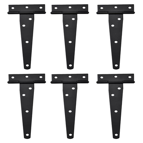 Six black 6-inch T-hinges from Complete Shed Door Hardware Kit With 6 Inch T Hinges Latches And L Handle Lock Includes Heavy Duty Barrel Bolts And Screws For Secure Easy Installation On Sheds Gates Barns Playhouses Chicken Coops And More