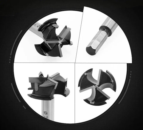 Upgraded 40 MM Three Cutter Forstner Drill Bits Pro Grade High Hardness Cemented Carbide Tips for precise cutting details.