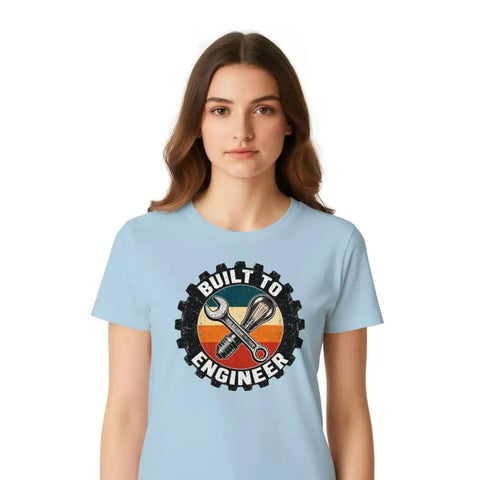 Classic Engineered Vintage Tee Featuring Gear And Lightbulb Badge For Makers And Problem Solvers With Soft 100 Cotton Fit Perfect For Garage Projects And Daily Wear in light blue, featuring vintage badge design.