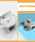 Close-up of steel double roller ball latch for cabinet doors showing secure spring loaded closure and corrosion resistance.