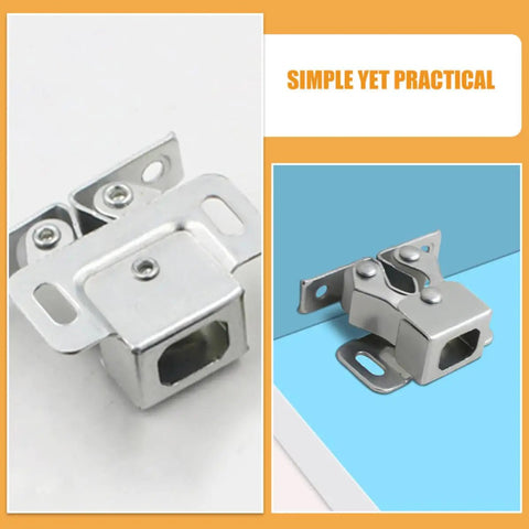 Close-up of steel double roller ball latch for cabinet doors showing secure spring loaded closure and corrosion resistance.