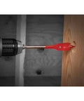 Two Pack Built Like A Tank Wood Spade Drill Bits Featuring Self Feeding Speed Tips And One Quarter Inch Hex Shank drilling into wood.