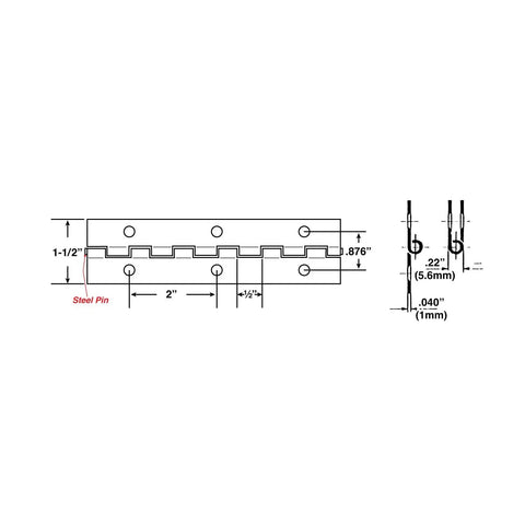 Built Different Statuary Bronze Plated Piano Hinge measuring 1.5 inches wide, steel pin design, detailed measurements shown.