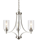 Dope 3 Light Modern Chandelier in Brushed Nickel with Clear Glass Shades, sleek contemporary ceiling fixture, frontal view
