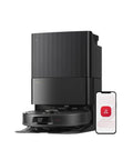 Front view of roborock Qrevo S5V robot vacuum and mop in black with smartphone displaying the app.
