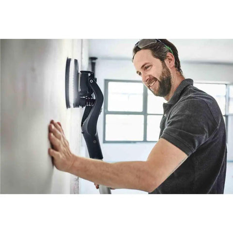Person using PLANEX LHS 2 225 EQI Plus Drywall Sander With LED Ring Light Arm Friendly Adjustable Suction Power Self Weight