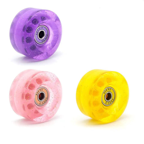 Three 58x32mm quad skate wheels in pink, yellow, and purple with 608RS bearings. Eight 58x32mm Quad Skate Wheels 82A With Bearings Kit.