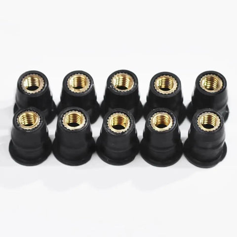 No Sweat 10 Pack M4 M5 M6 Rubber Well Nuts for Motorcycle Windshield Fairing and Boat Mounting, black neoprene fasteners.