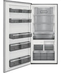 Interior view of a spacious refrigerator featuring adjustable shelves, transparent bins, and a frost-free design.