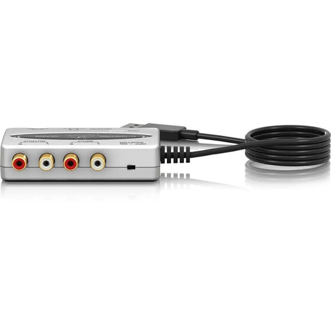 UCA202 Ultra Low Latency USB Audio Interface with 2 In 2 Out Digital Output showing RCA connections and cable