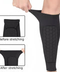 Youth Shin Guards With Box For Soccer, Small Size S 6 To 10, showing breathable honeycomb ergonomic padding pre and post stretch.