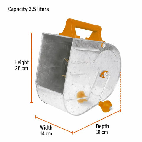 Pro Grade Galvanized Texture Applicator For Stucco Spraying, Tirolera Model TIRO-G 13008 shown with dimensions and orange handle.