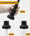 Matte Black Kitchen Faucet With Three Function Sprayer Head showing pause, spray, and stream functions