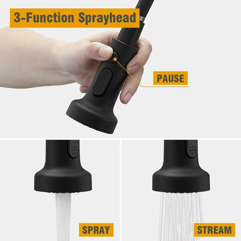 Matte Black Kitchen Faucet With Three Function Sprayer Head showing pause, spray, and stream functions