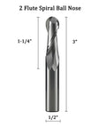 CNC Router Bit 2 Flute Up Cut Ball Nose End Mill For Wood Plastic Aluminum, Heavy Duty Spiral Cutter With Shank One Half Inch And Cutting Diameter One Half Inch, One And A Quarter Inch Cutting Length, Three Inch Overall Length Model SQ2463 in front view showing cutting length and diameter.