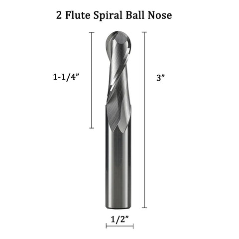 CNC Router Bit 2 Flute Up Cut Ball Nose End Mill For Wood Plastic Aluminum, Heavy Duty Spiral Cutter With Shank One Half Inch And Cutting Diameter One Half Inch, One And A Quarter Inch Cutting Length, Three Inch Overall Length Model SQ2463 in front view showing cutting length and diameter.