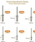 180 Piece Aluminum Blind Rivets Kit With Six Sizes Dome Head Pop Rivets, Silver Finish, Steel Mandrel Illustrated Dimensions