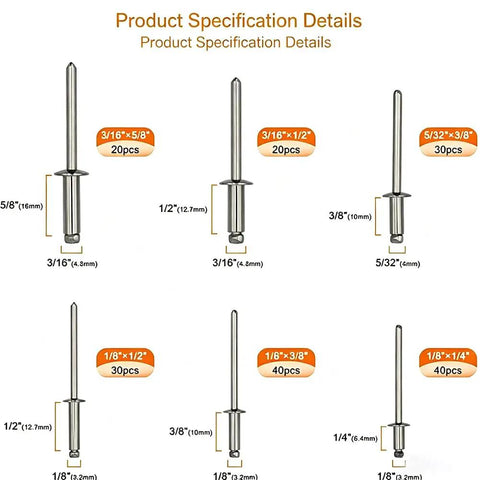 180 Piece Aluminum Blind Rivets Kit With Six Sizes Dome Head Pop Rivets, Silver Finish, Steel Mandrel Illustrated Dimensions
