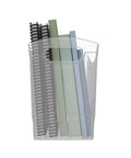 Slick 12 Quart Clear Storage Bins With Built In Carry Handles Narrow Rectangular Organizer Containers For Pantry Closet Cabinet Shelf And Home Organization Straight Up Durable Two Pack holding notebooks and a grid organizer.