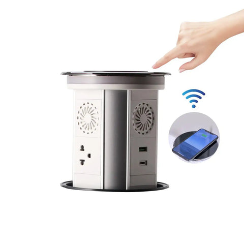 Motorized Pop Up Power Strip With Bluetooth Speaker And Wireless Charging Pad, showing AC outlets and Qi pad.