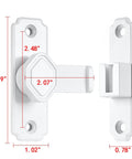 Heavy Duty White Sliding Barn Door Latch Featuring Precision 90 Degree Right Angle Lock and Quick Snap On Mount for Wood Doors with measurements.