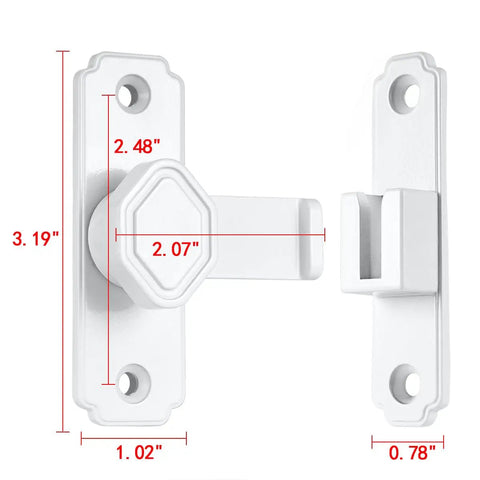 Heavy Duty White Sliding Barn Door Latch Featuring Precision 90 Degree Right Angle Lock and Quick Snap On Mount for Wood Doors with measurements.
