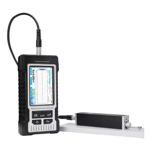 Built Different Digital Surface Roughness Tester Featuring Hella Precise Metal Gauging, portable device with display and probe.