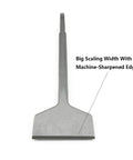 Pro Grade Heavy Duty 3 Inch Wide Tile And Thinset Scaling Chisel With SDS Plus Shank, showing machine-sharpened edge.