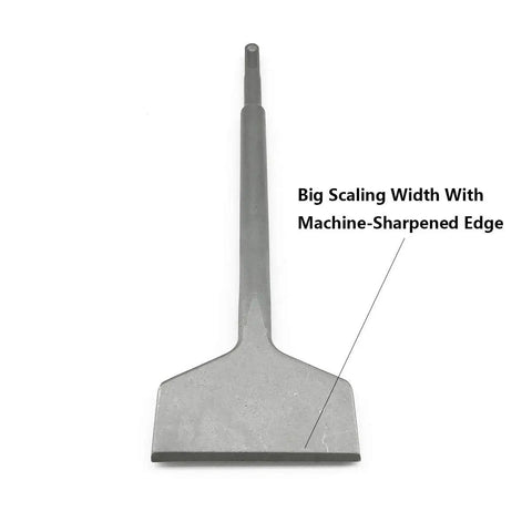 Pro Grade Heavy Duty 3 Inch Wide Tile And Thinset Scaling Chisel With SDS Plus Shank, showing machine-sharpened edge.