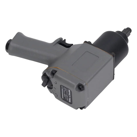 Heavy Duty One Half Inch Air Impact Wrench Packing 850 Nm Of Legit Muscle Complete With Socket Set Extensions Connector And Compressed Air Oil For Serious Garage Hauls And Daily Shop Grunt Work - metallic gray pneumatic tool side view.