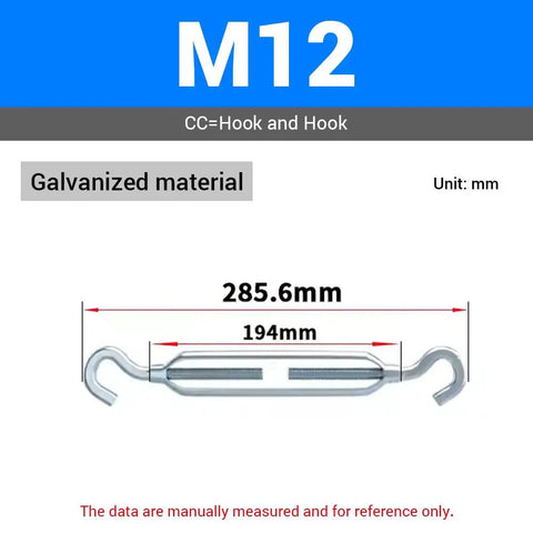 Heavy Duty M12 Galvanized Steel Turnbuckle Hook To Hook Rigging Connector Rust Proof Tension Adjuster Workhorse Grade For Fences And Machinery 3 Pack dimensions shown