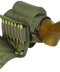 Rifle Buttstock Cheek Rest With 7 Shell Ammo Pouch Tactical Hunting Accessory on wooden stock with ammo visible