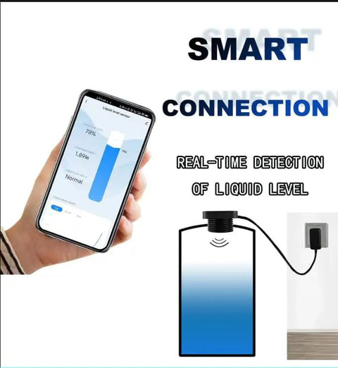 Smart Liquid Level Monitor For Oil And Water Tanks With WiFi Tuya Enabled Ultrasonic Sensor displayed on smartphone app with tank graphic