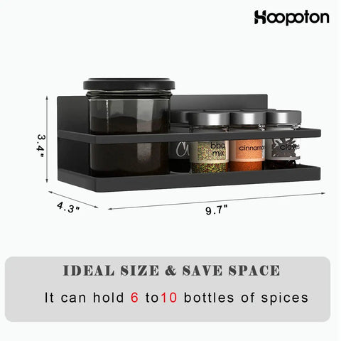 Heavy Duty Magnetic Spice Rack For Fridge Side, No Fuss Kitchen Organization Shelf, holds 6-10 spice bottles in black steel.