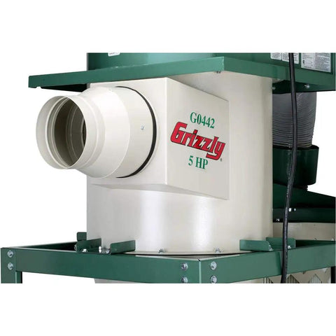 Heavy Duty 5 Horsepower Cyclone Dust Collector keeping your garage drop dead clean with detailed view of exhaust port.